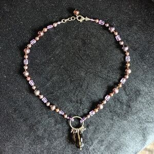 Purple Beaded Silver Pendant Statement Necklace Hand Knotted Y2K
